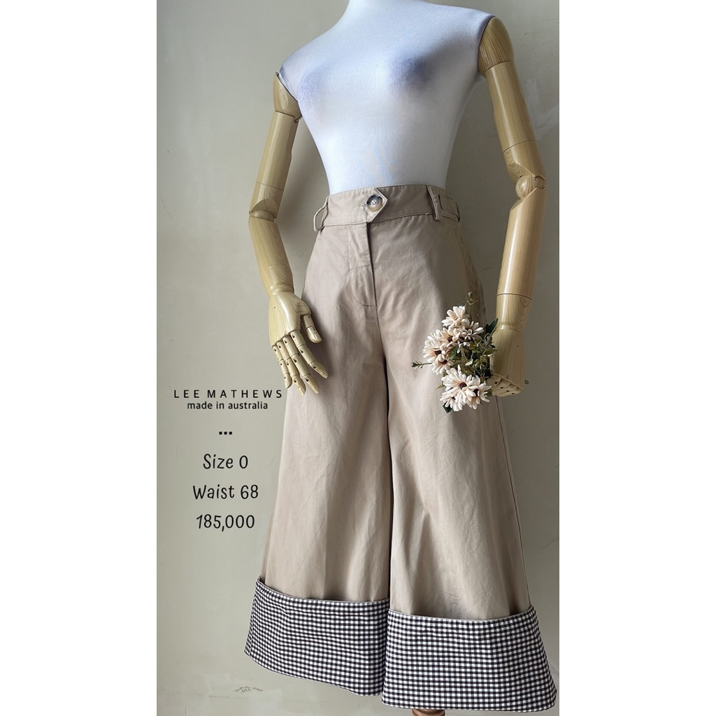 Celana kulot katun cream krem polos bawah lipat motif kotak cokelat lucu keren premium murah highwai
