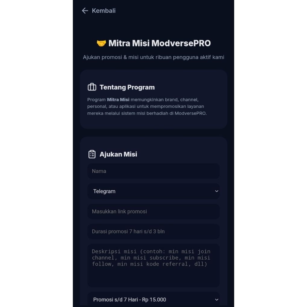 (Frontend Only) Website ModversePRO platform aplikasi MOD & Program penghasilan saldo dana