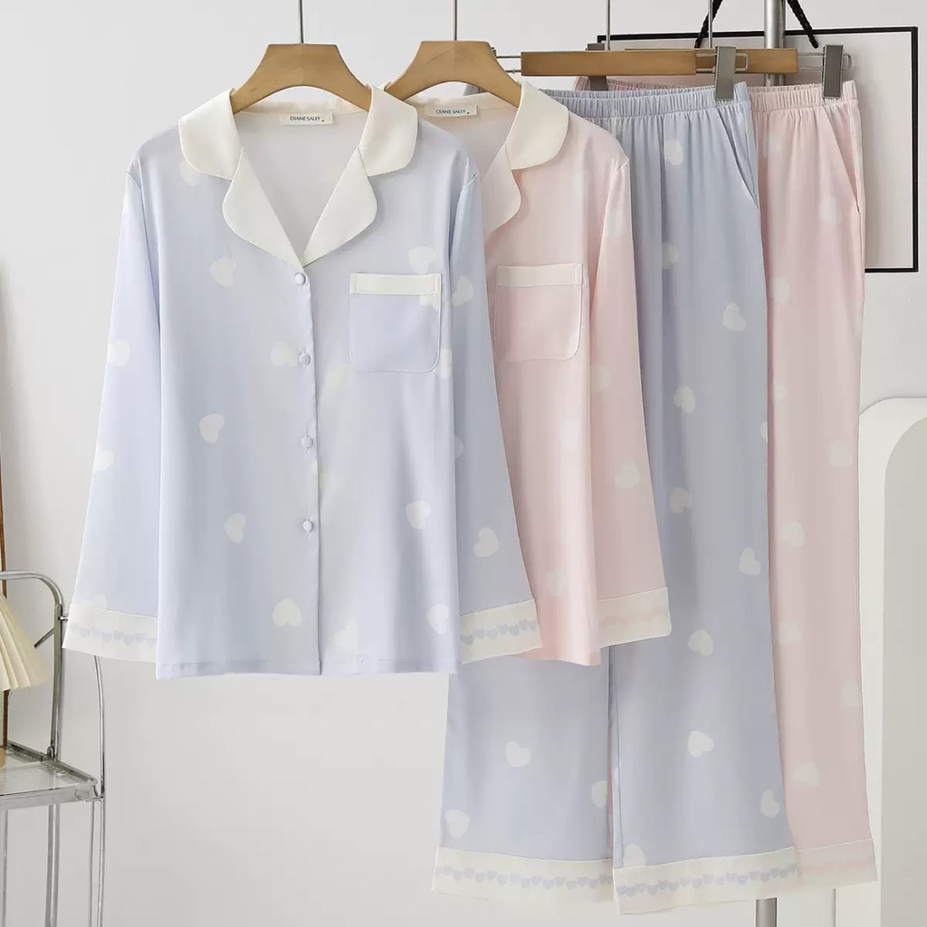 Diane sally Baju Tidur Satin Premium LEMBUT HALUS Motif Love / Piyama Setelan Celana Panjang Pastel 