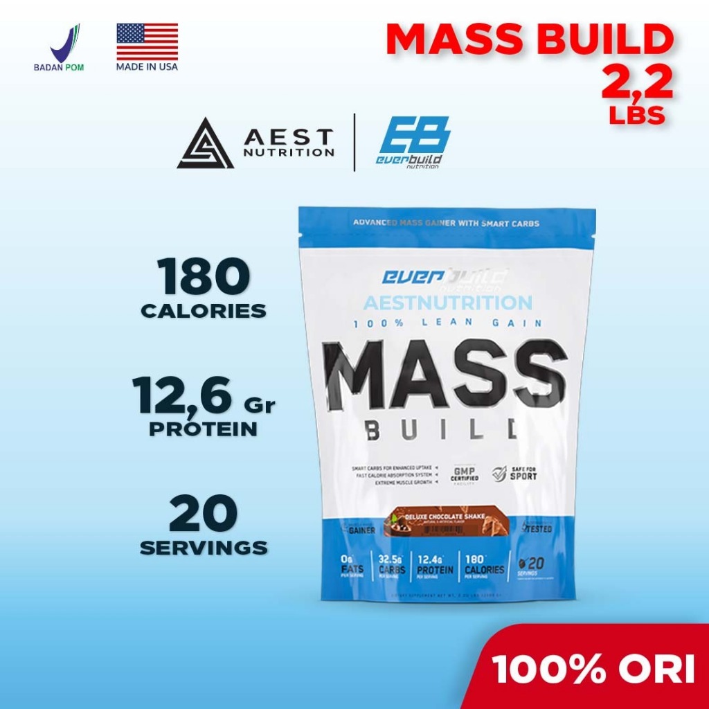 Everbuild Nutrition Mass Build 2,2 lbs 1 kg Susu Gainer Protein Penambah Berat Badan Tinggi Kalori