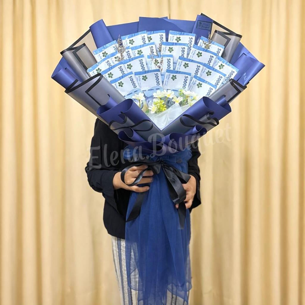 Buket UANG BESAR BUNGA TILE Uang Mainan Palsu / Buket Bunga / Money Bouquet Custom Birthday Wisuda A