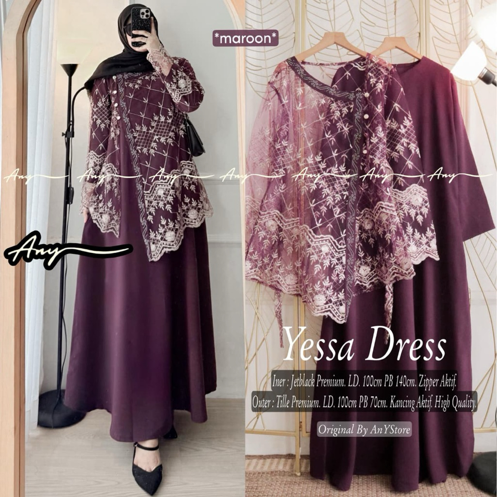 YESSA DRESS ORIGINAL BY ANY STORE setdress setelan dress inner jetblack dan outer tille broklat prem