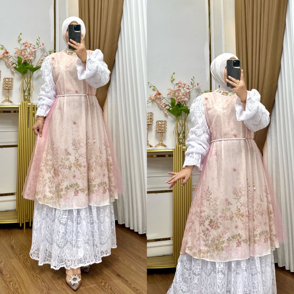 Gamis Ceruti Bunga Premium Full Furing Brokat Chantili | Tile Raindrop + Belt