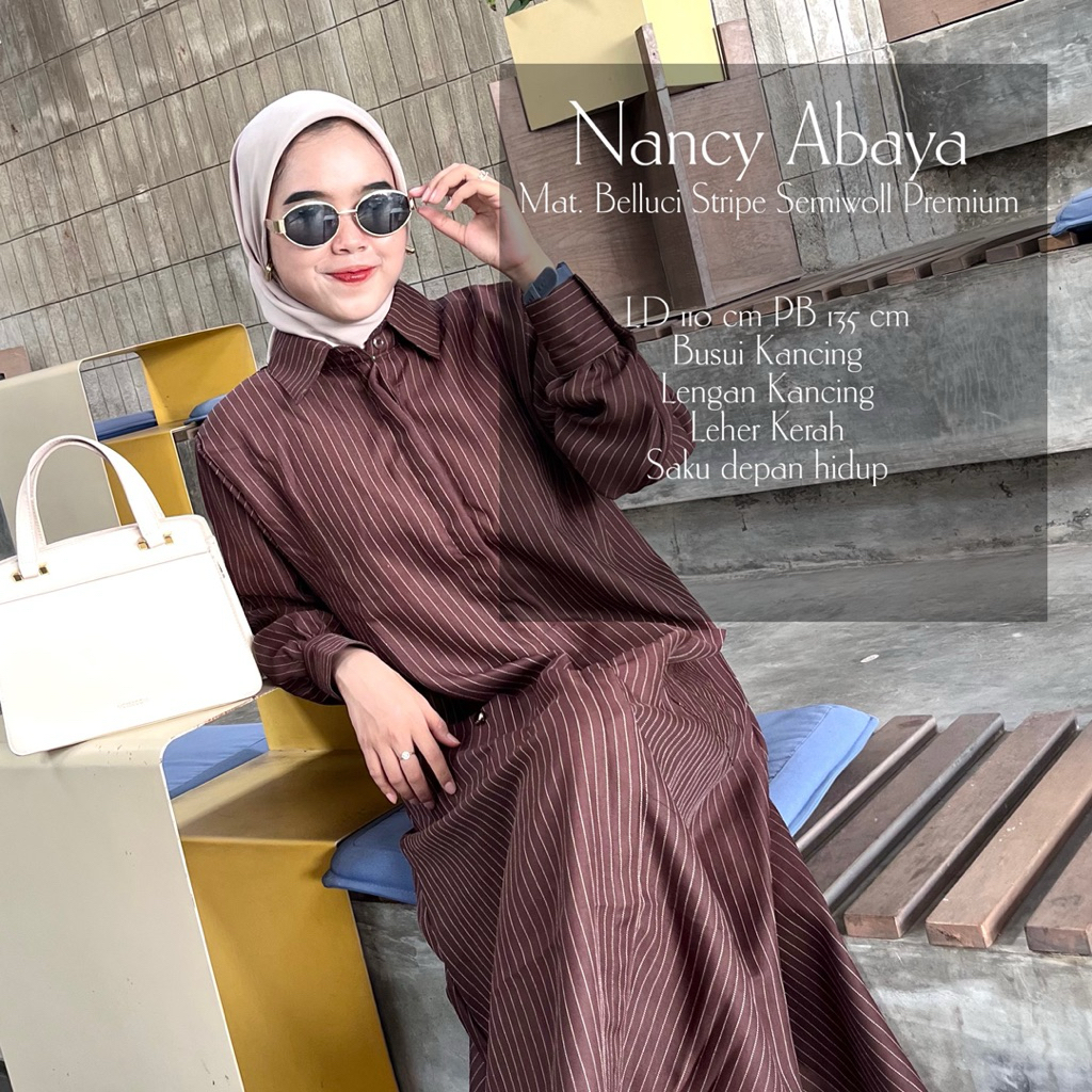 Nancy Abaya | Gamis Salur bahan bellucy strip semiwoll premium | Gamis Motif Salur
