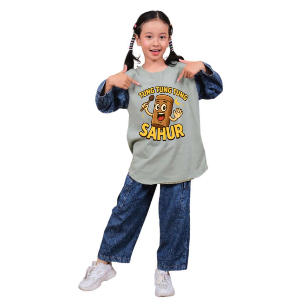 Setelan Anak Perempuan Celana Levis Cargo Baju Gambar Tung Tung Sahur Usia 3-14 Tahun Blue Indigo