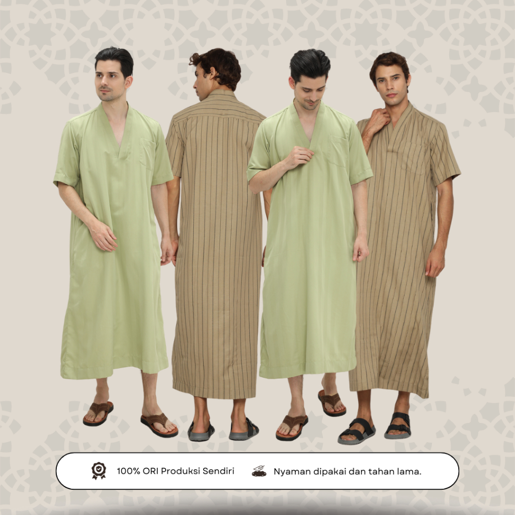 Baju Gamis Pria Dewasa Remaja Modern Jubah Laki Laki Motif Embos Garis Lengan Pendek Model Kerah V