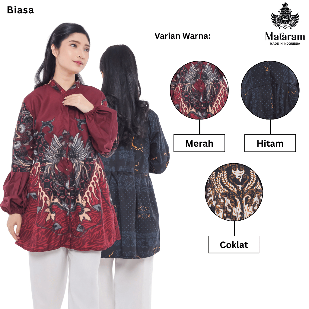 Mataram - Blouse Kemeja Batik Wanita Cewek Katun Kasual Premium Lengan Panjang Tangan Balon BLK