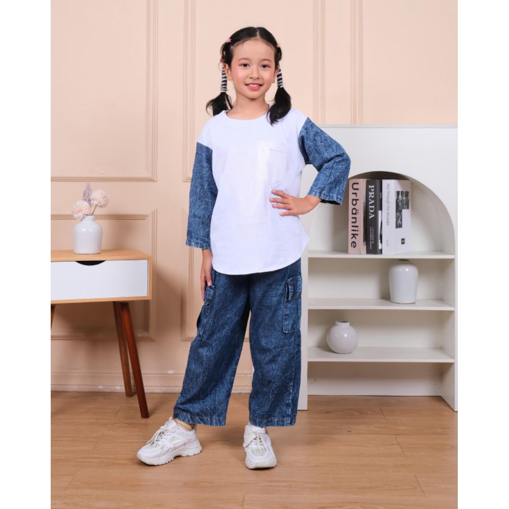 Setelan Anak Perempuan Celana Levis Cargo Baju Polos Usia 3-14 Tahun Blue Indigo