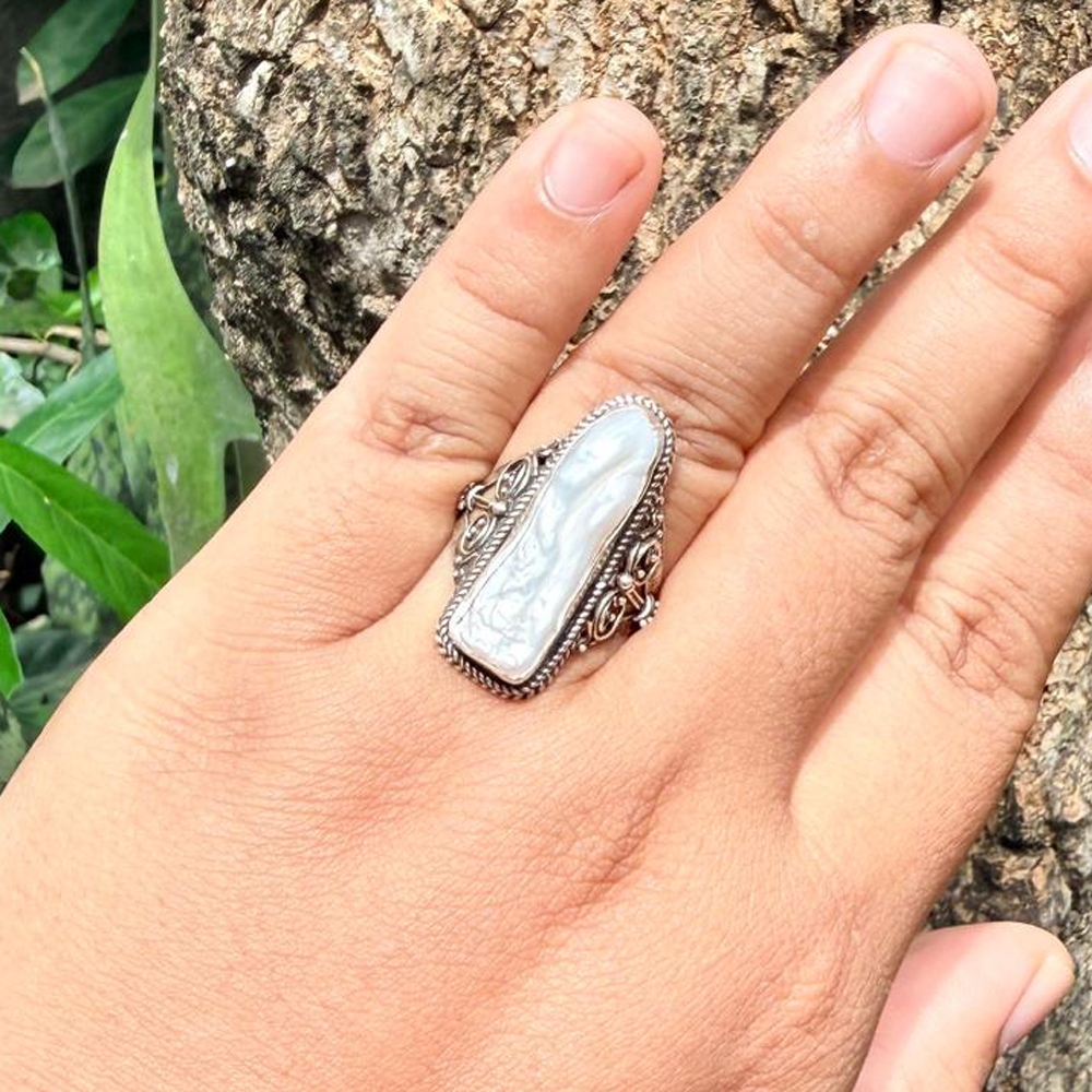 Cincin Ring Perak Silver Bali Pearl Mutiara Barok Biwa Kawat Asli 925 Wanita Pria Laki Etnik Custom