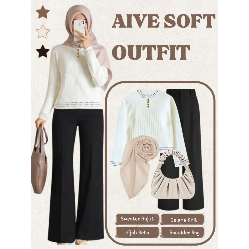 Outfit Cewek 1 Set | Sweater Rajut + Celana Jennie Knit + Hijab + Shoulder Bag | OOTD Wanita Hijab K