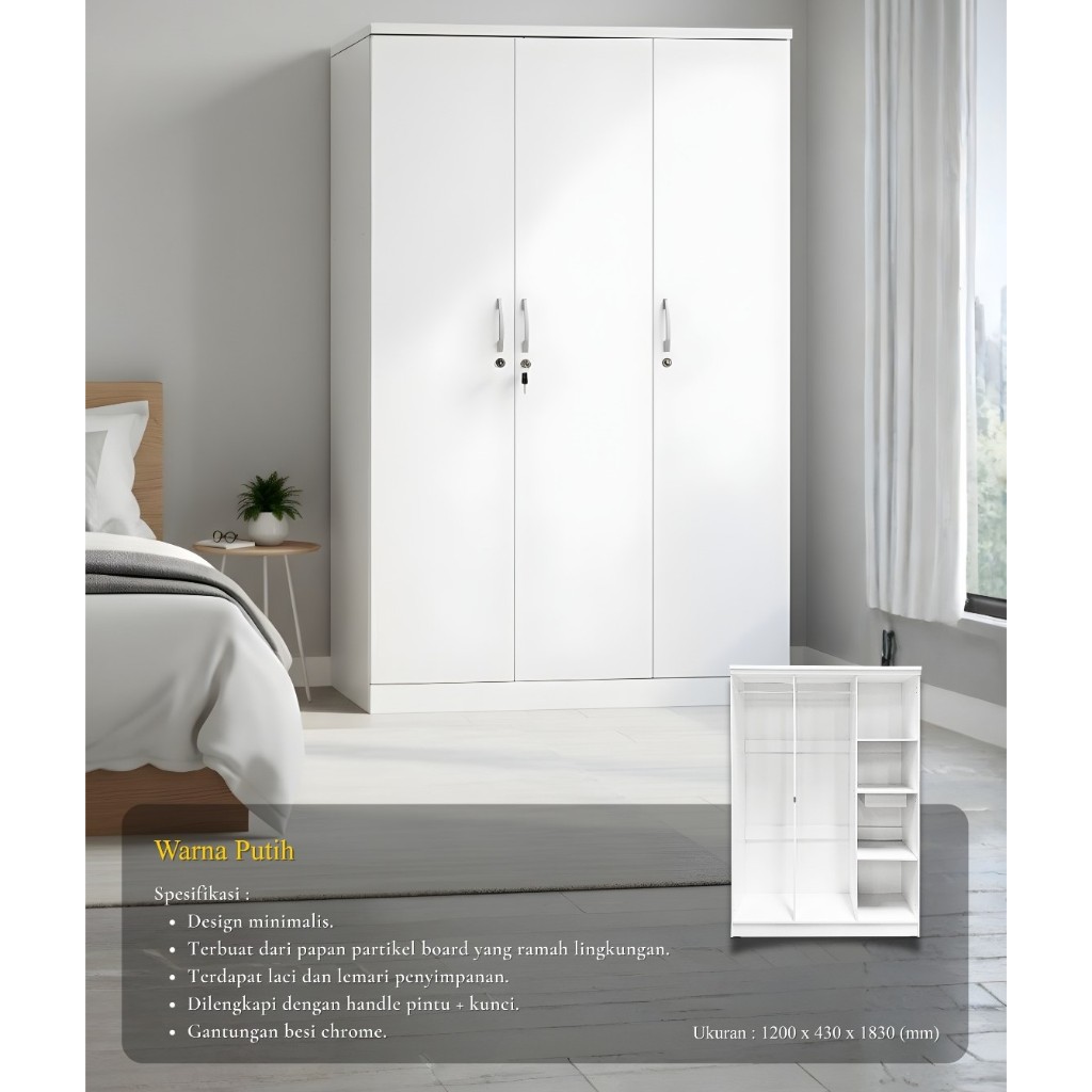 [mebelmurahsby]  LEMARI PAKAIAN GAMIS 3 PINTU MINIMALIS TANPA KACA