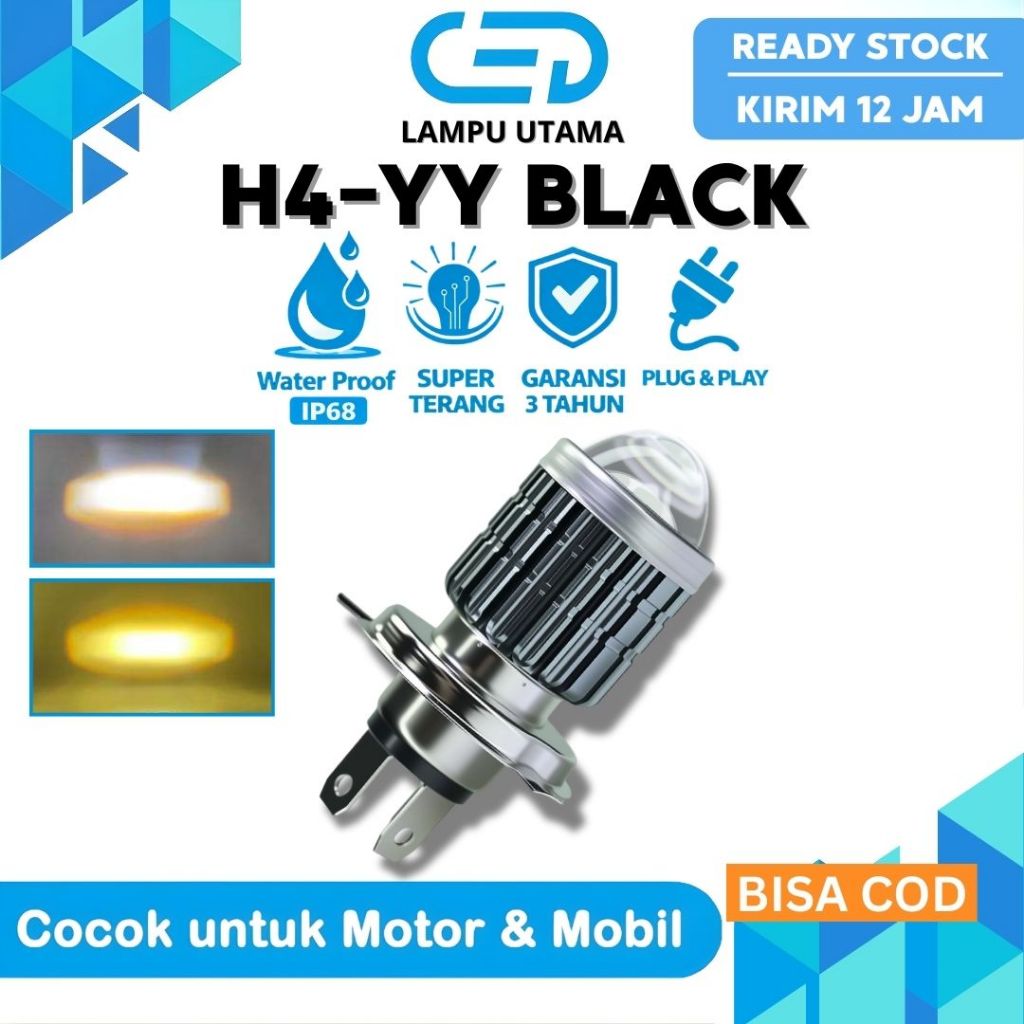 CED Lampu Depan LED Motor H4 Mini 20W 3000LM – Dua Warna Putih 6500K & Kuning 4300K | AC/DC | Super 