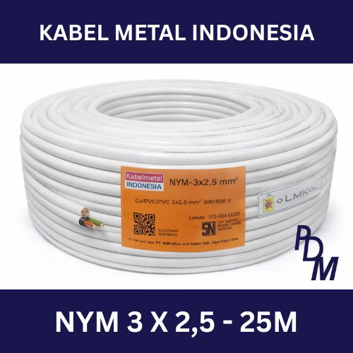 Kabel NYM 3x2.5 mm 25 Meter Roll KABELMETAL INDONESIA - Kawat Tembaga Tunggal PVC Putih Listrik KMI 