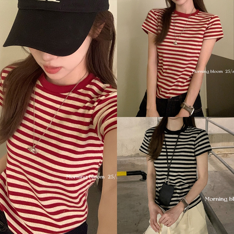 CTCT Kaos Wanita Gaya Korea Lengan Pendek Garis Merah Putih/baju atasan wanita terbaru