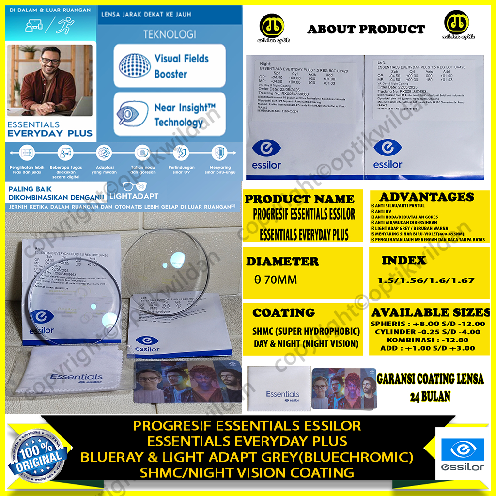 ESSILOR PROGRESIF ESSENTIALS EVERYDAY PLUS SHMC & NIGHT VISION COATING