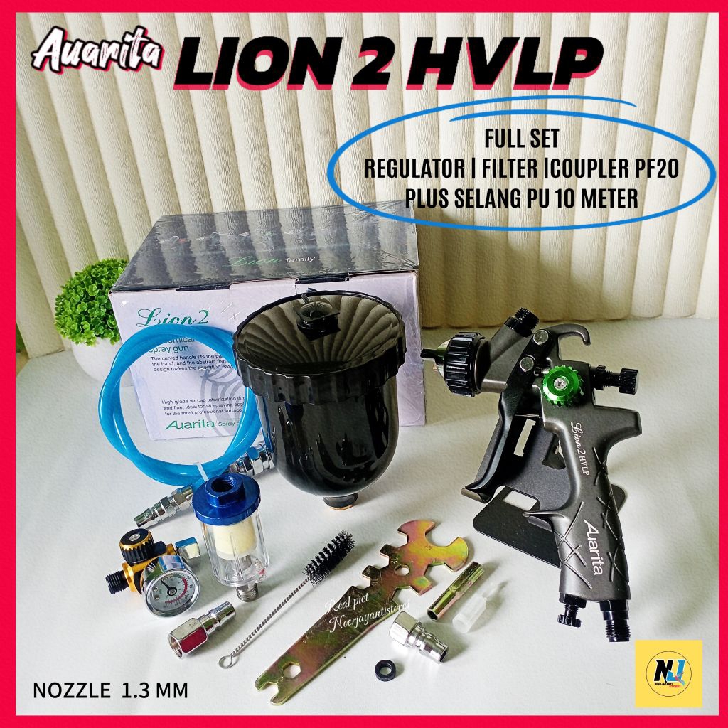 SPRAY GUN  AUARITA LION 2 HVLP FULL SET PLUS REGULATOR SELANG PU 10 METER ukuraan Nozzle 1.3MM tabun