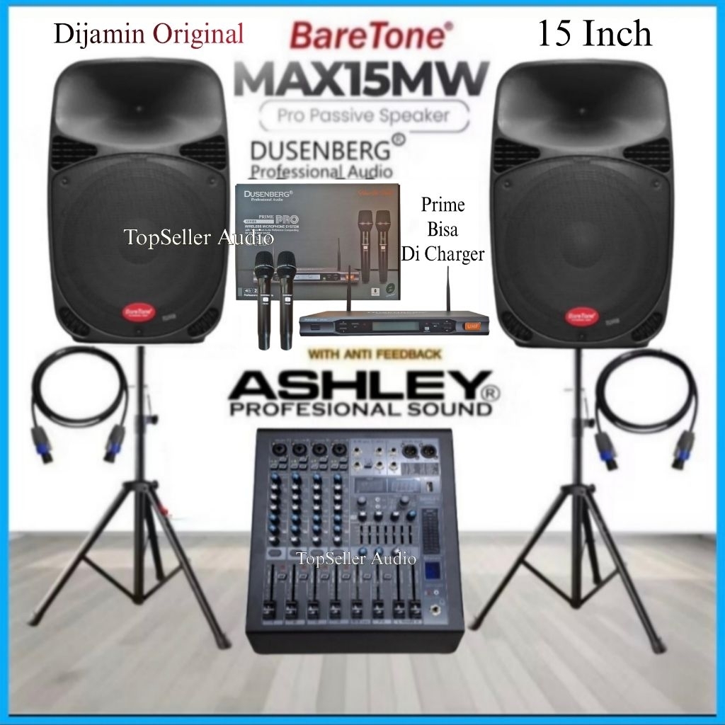 Paket Sound System Karaoke [ Live Musik ] Speaker 15 Inch BareTone MAX15MW Power Mixer Ashley 6 Chan
