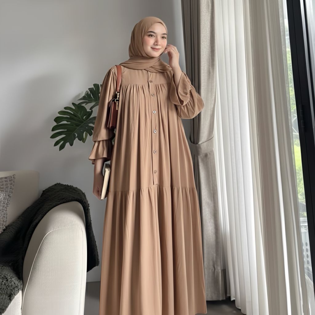 NEW PRODUCT NAGITA DRESS GAMIS RAYON TWILL - GAMIS LEBARAN MODEL LENGAN BALON KANCING DEPAN BUSUI