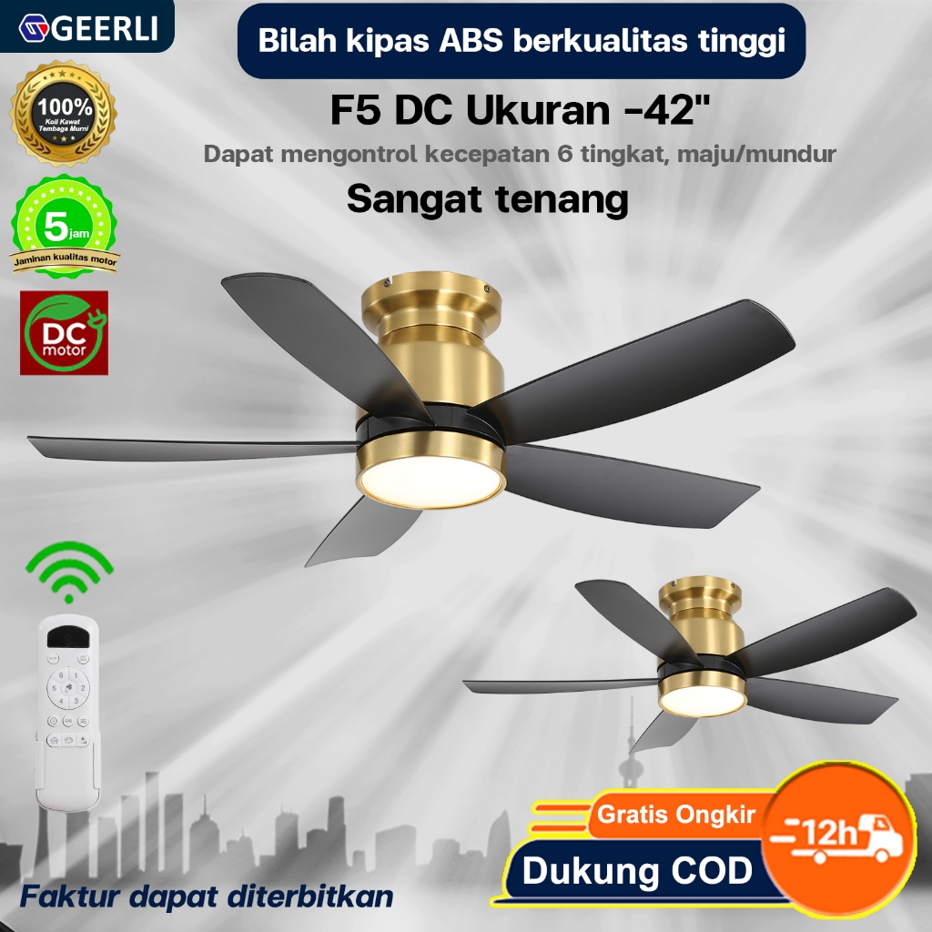 GEERLI Kipas Angin Gantung 42 Inch dengan Remote, 6 Level Kecepatan Angin, Motor DC Tembaga Murni, O