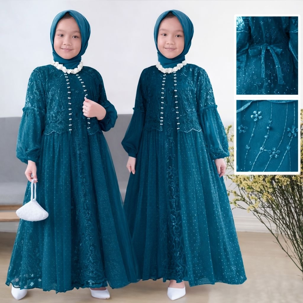 Gamis anak brokat perempuan model terbaru dress anak Rafika kid anak Bordir Kombinasi Mewah Muslim M