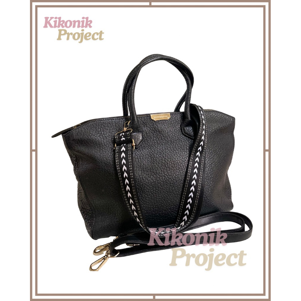 Tas Preloved Original Burberry Black Grain Leather Dewsbury Tote