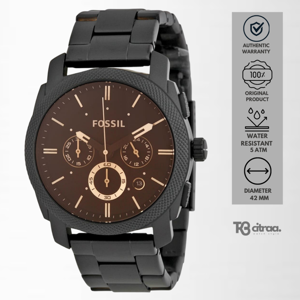 Jam Tangan Pria Fossil Machine Chronograph Stainless Steel Black Mewah Original FS4682