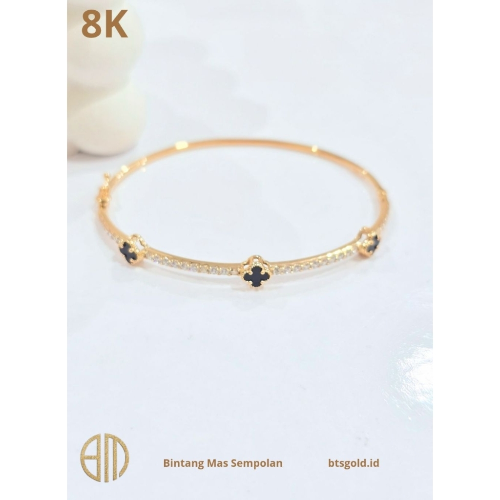 GELANG BANGKLE BUNGA CLOVER HITAM PERMATA EMAS ASLI