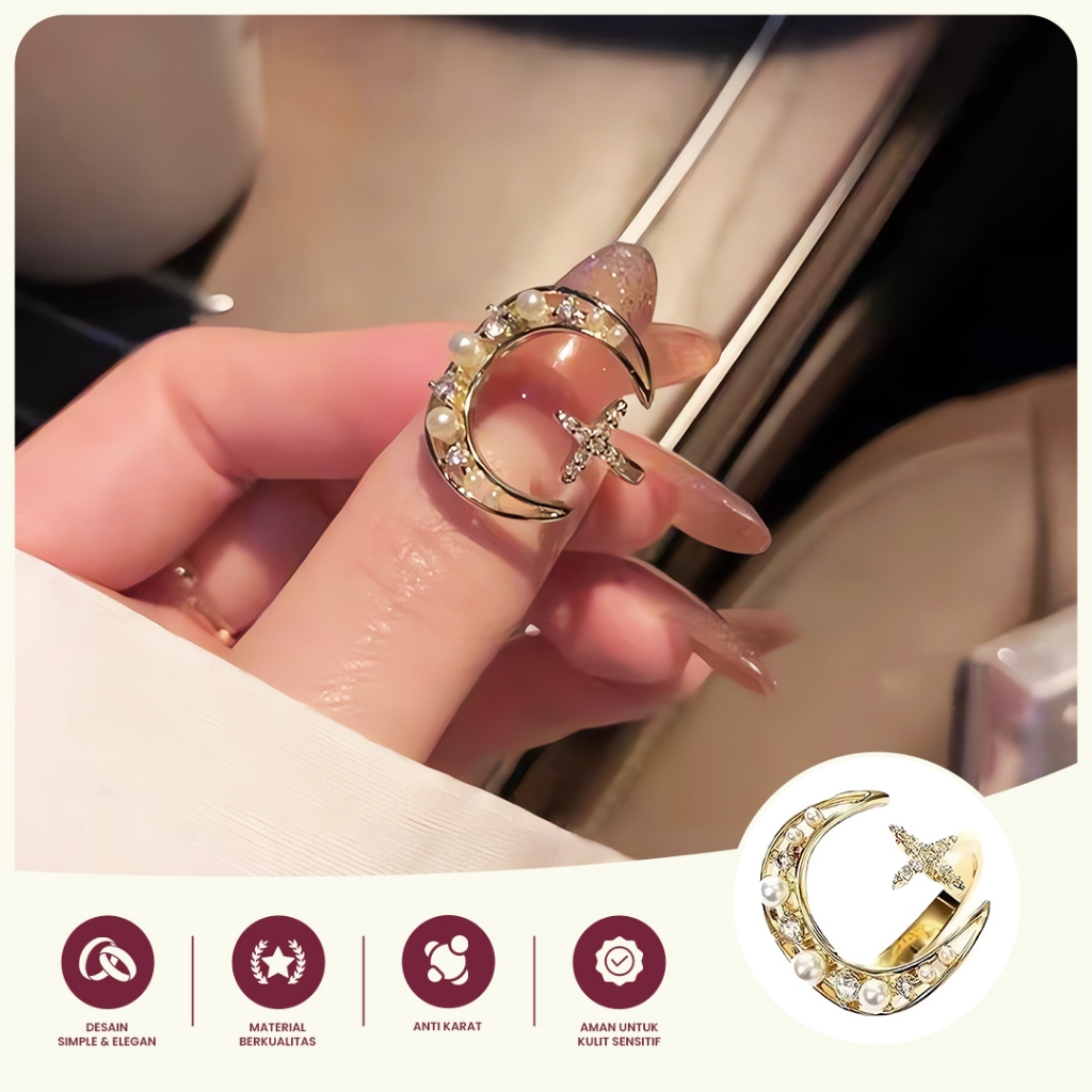 Cincin Wanita Bulan Sabit dengan Aksen Salib & Mutiara – Adjustable Gold Elegan