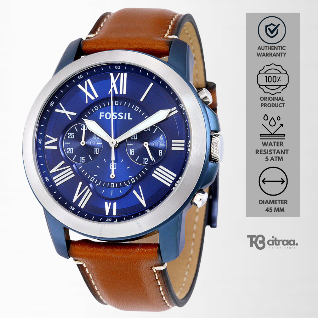 Jam Tangan Pria Fossil Grant Chronograph Kulit Brown Dial Blue Casual Original FS5151