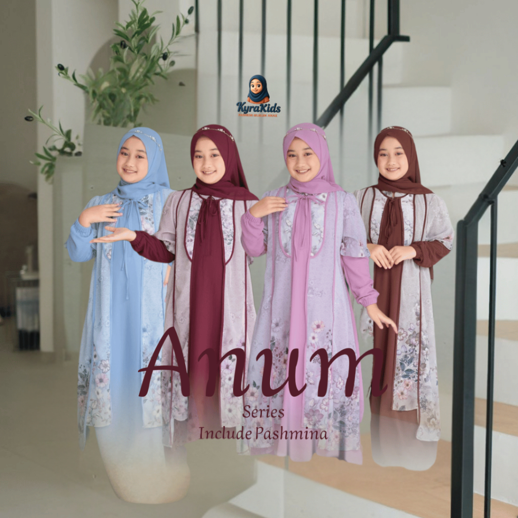 Kyra Kids – Anum Series | Gamis Anak Prempuan Model Rompi Syar’i 4-12 Tahun set Pashmina Instan Baha