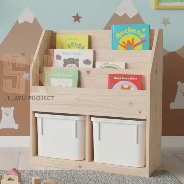 Rak Mainan Anak Minimalis 2 Box + Rak Buku Atas - Rak Buku Trofast Minimalis Kayu Jati Anak Serbagun
