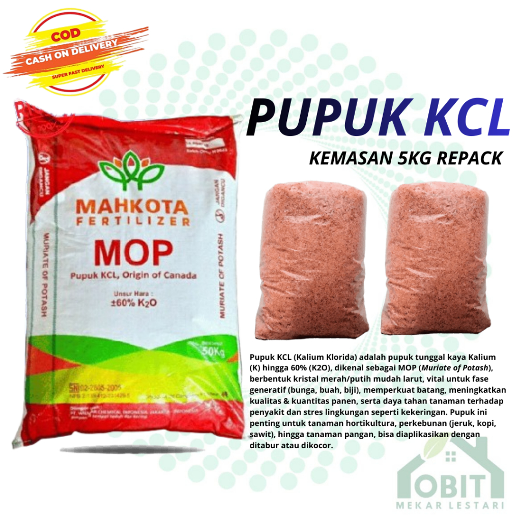 PUPUK KCL MAHKOTA REPACK KEMASAN 5KG pupuk tabur KCL untuk semu jenis