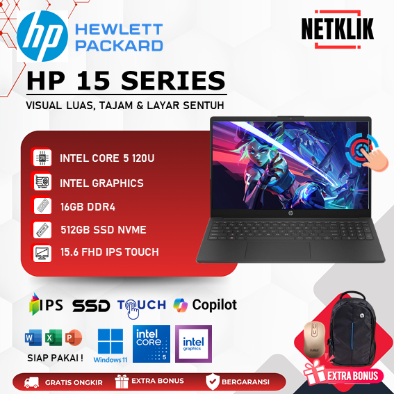 Laptop HP 15 Touchscreen Intel Core 5 120U 16GB 512GB SSD FHD IPS WIN11 Black Baru