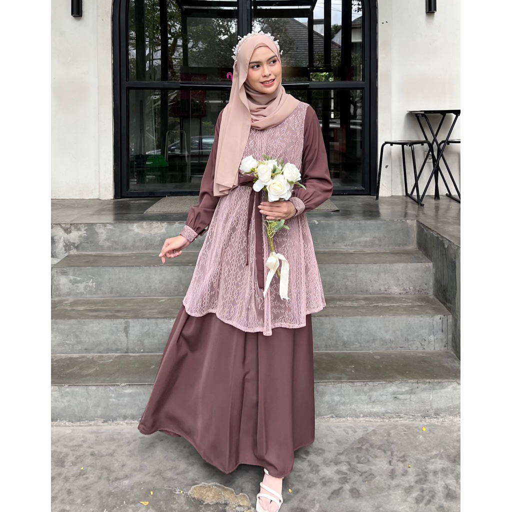 Elmiza - Leoni Dress Bahan Premium Safeena Platinum Mix Brukat Dress Muslimah Terbaru Lebaran Kondangan Adem Elegan Mewah-Mahogany