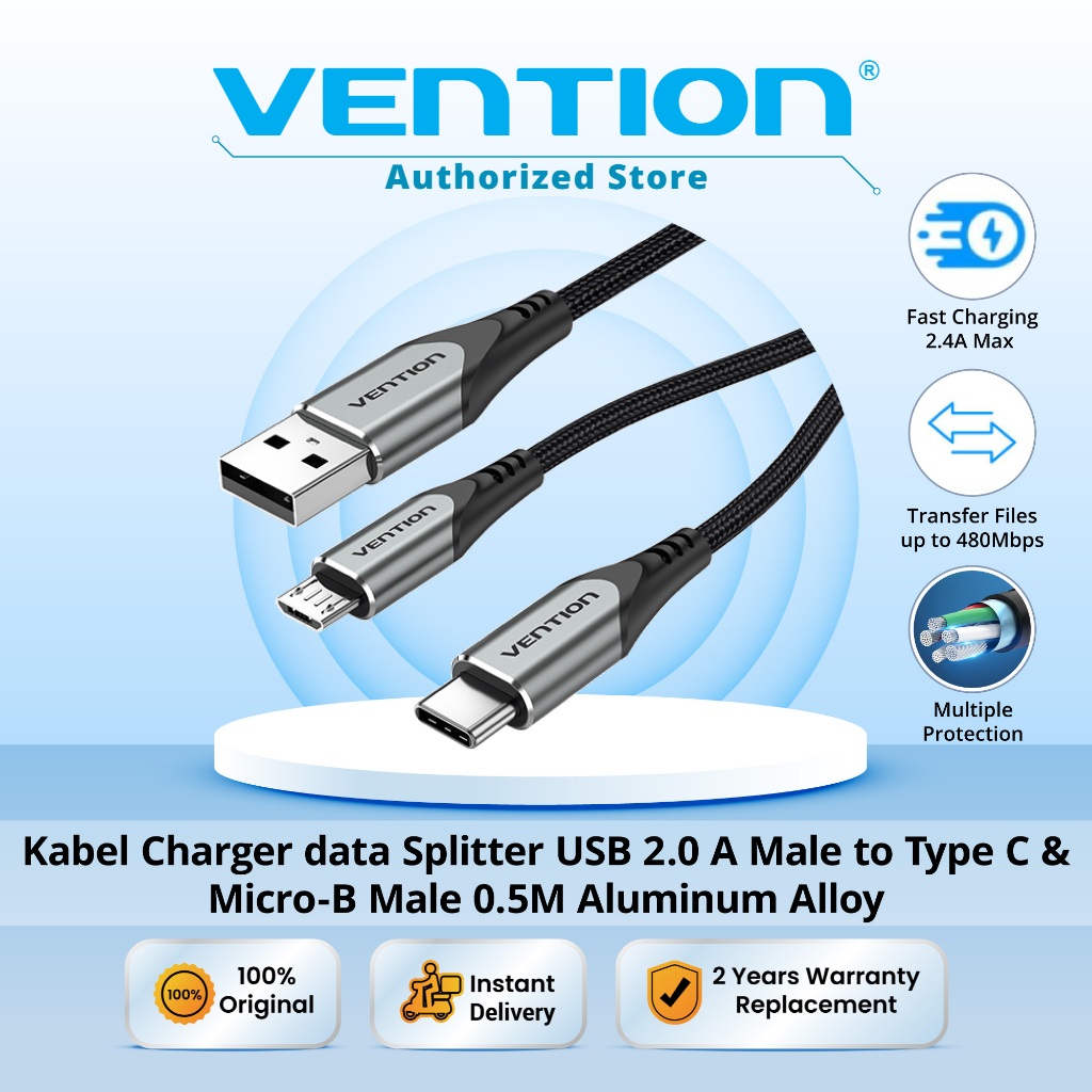 Vention Kabel Charger data Splitter USB 2.0 A Male to Type C & Micro-B Male 0.5M Gray Aluminum Alloy