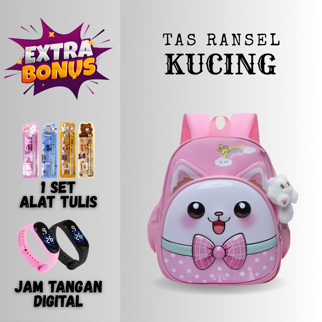 Tas Ransel Anak Perempuan TK SD Model 3D Timbul Karakter Kucing Free Jam Tangan Dan Alat Tulis