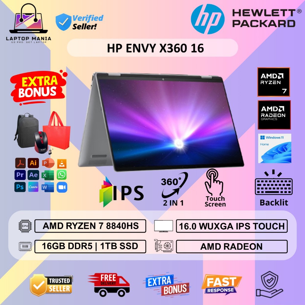 HP ENVY X360 16 TOUCH RYZEN 7 8840HS 16GB DDR5 1TB RADEON 780M 16 WUXGA IPS