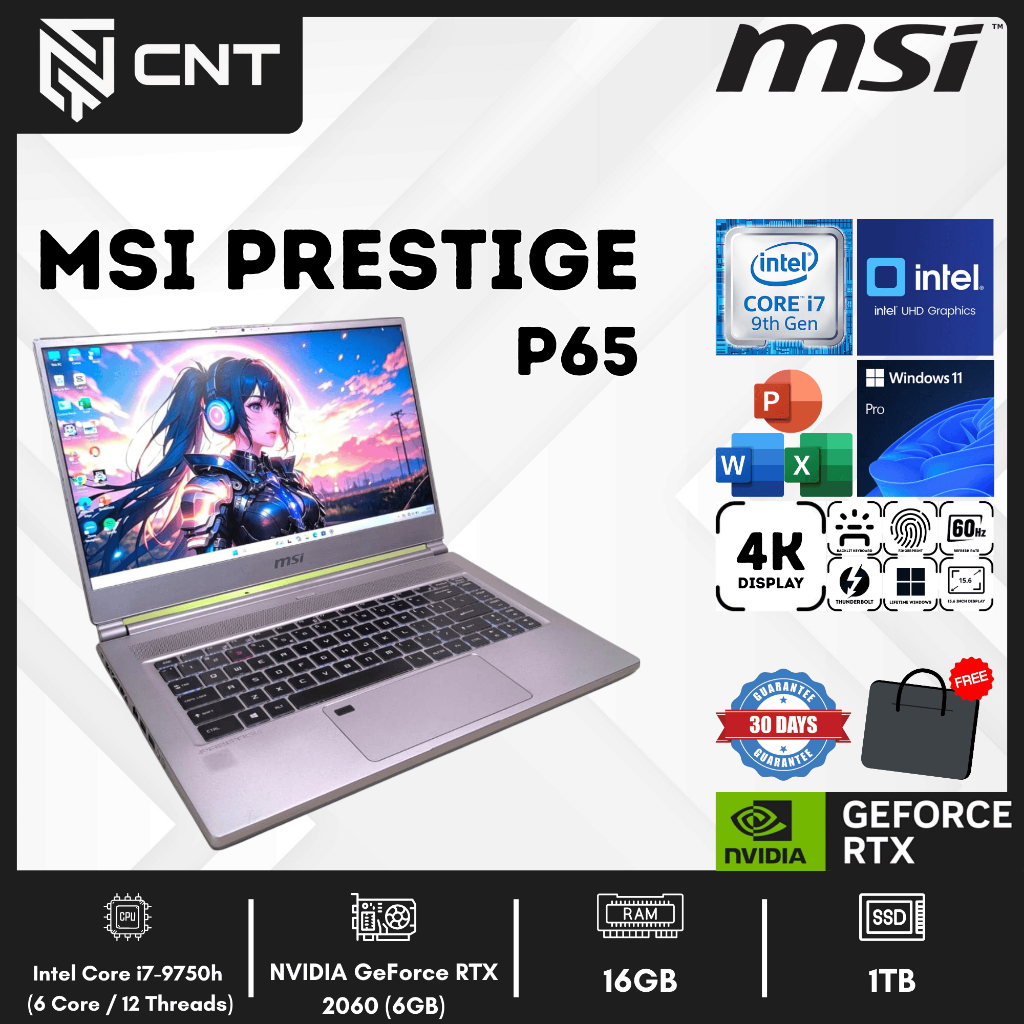 MSI P65 PRESTIGE CORE I7-9TH NVIDIA RTX 2060 (16/1TB) 4K DISPLAY Laptop Gaming