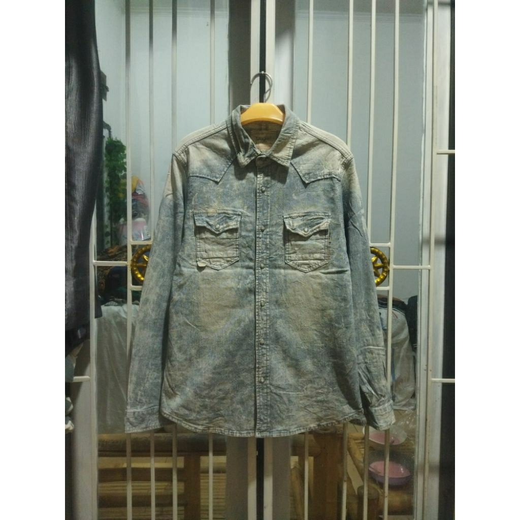 kemeja denim western buckaroo lengan panjang pria M