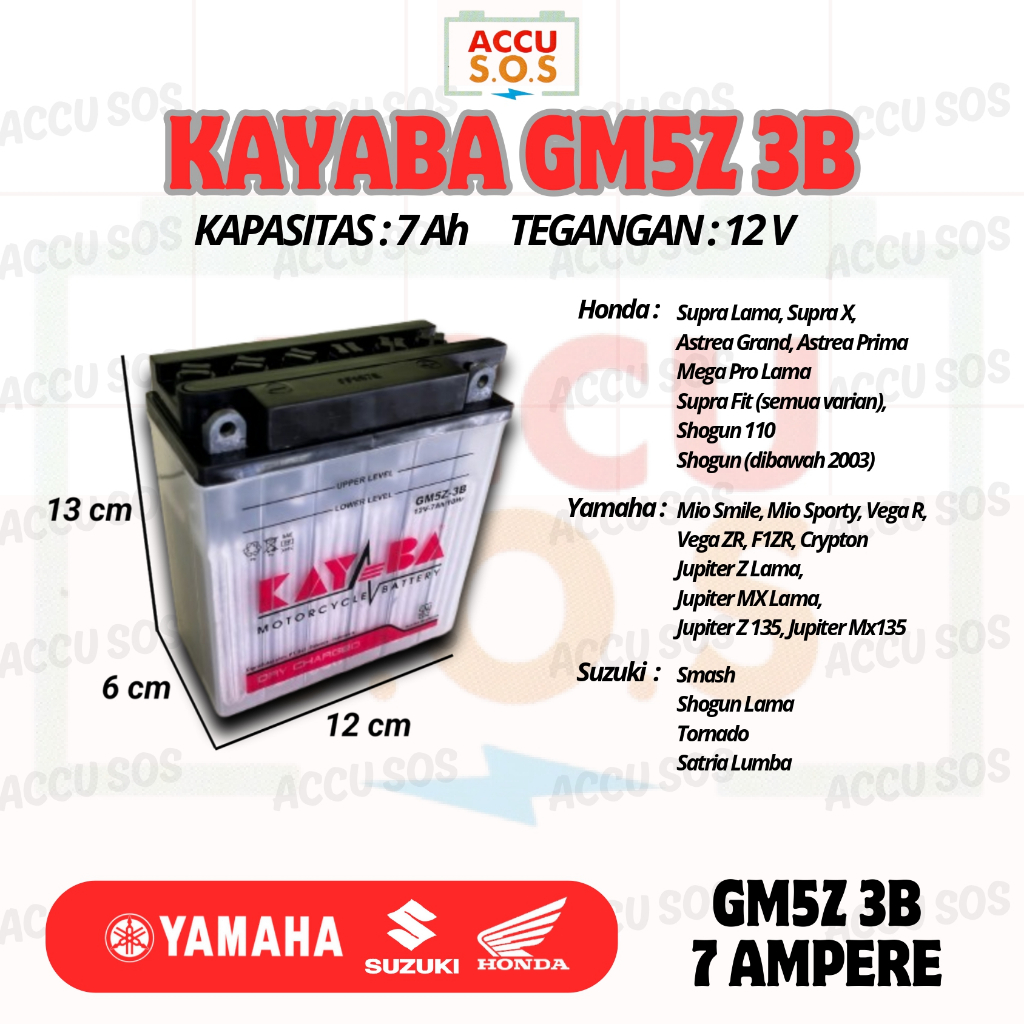 Aki Motor KAYABA GM5Z-3B 12V 7Ah Aki Basah MIO SPORTY/SMILE ASTREA GRAND ASTREA PRIMA SUPRA X LEGEND