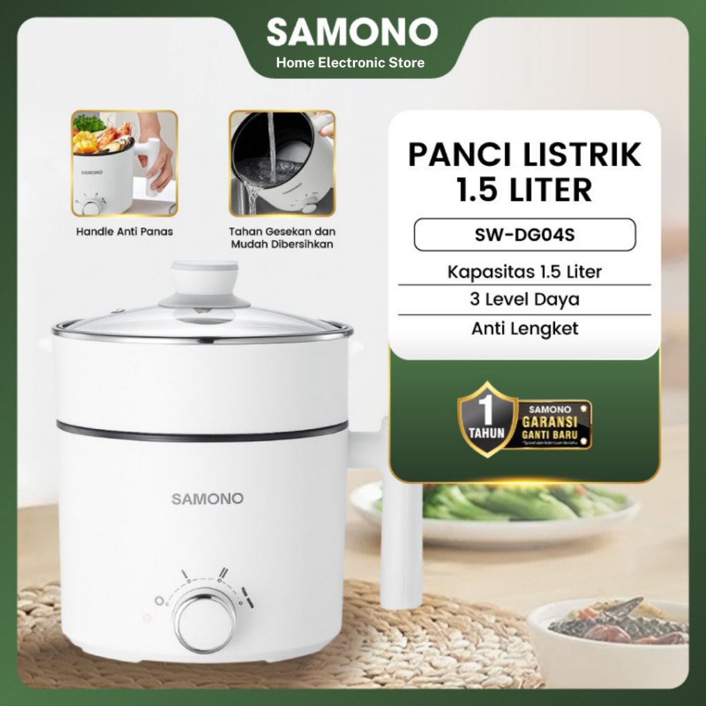SAMONO Panci Listrik 1.5 Liter Multifungsi 150 Watt Stainless Steamer 3 Mode Daya Dengan Pengukus Tu