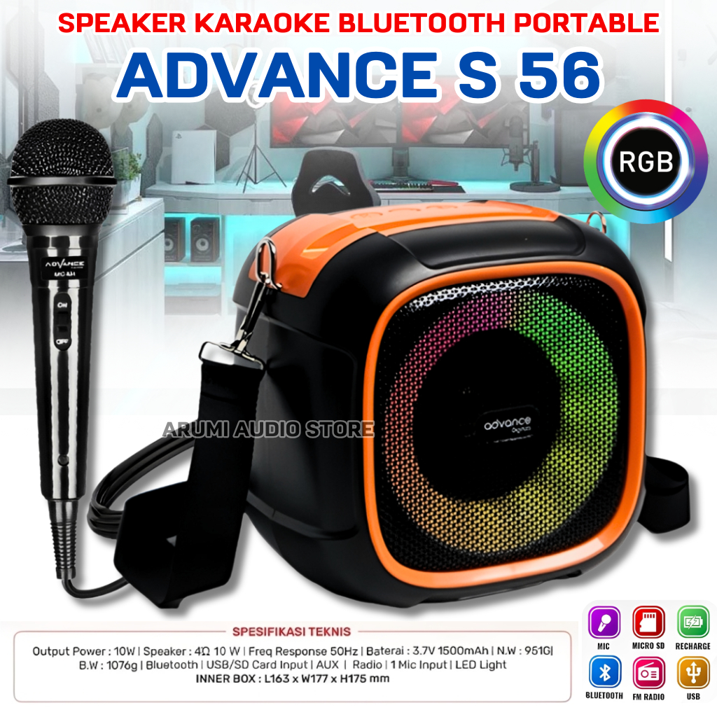 Speaker Bluetooth Advance S-56 1500mAh Tahan Lama Bonus Mic Karaoke Output 10W Speaker 40 10W Frekue