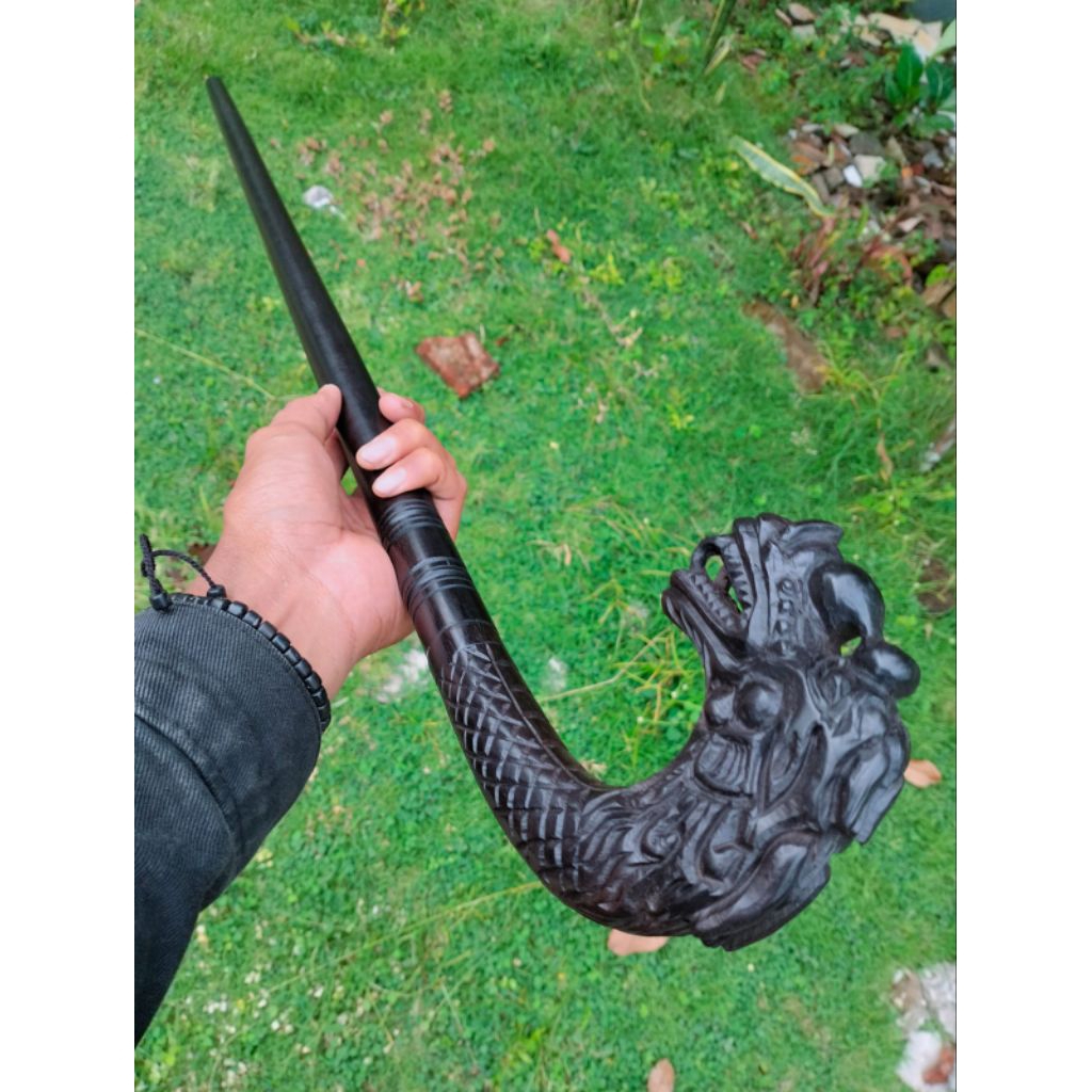 tongkat jalan kayu galih kelor Hitam super ukir kepala naga