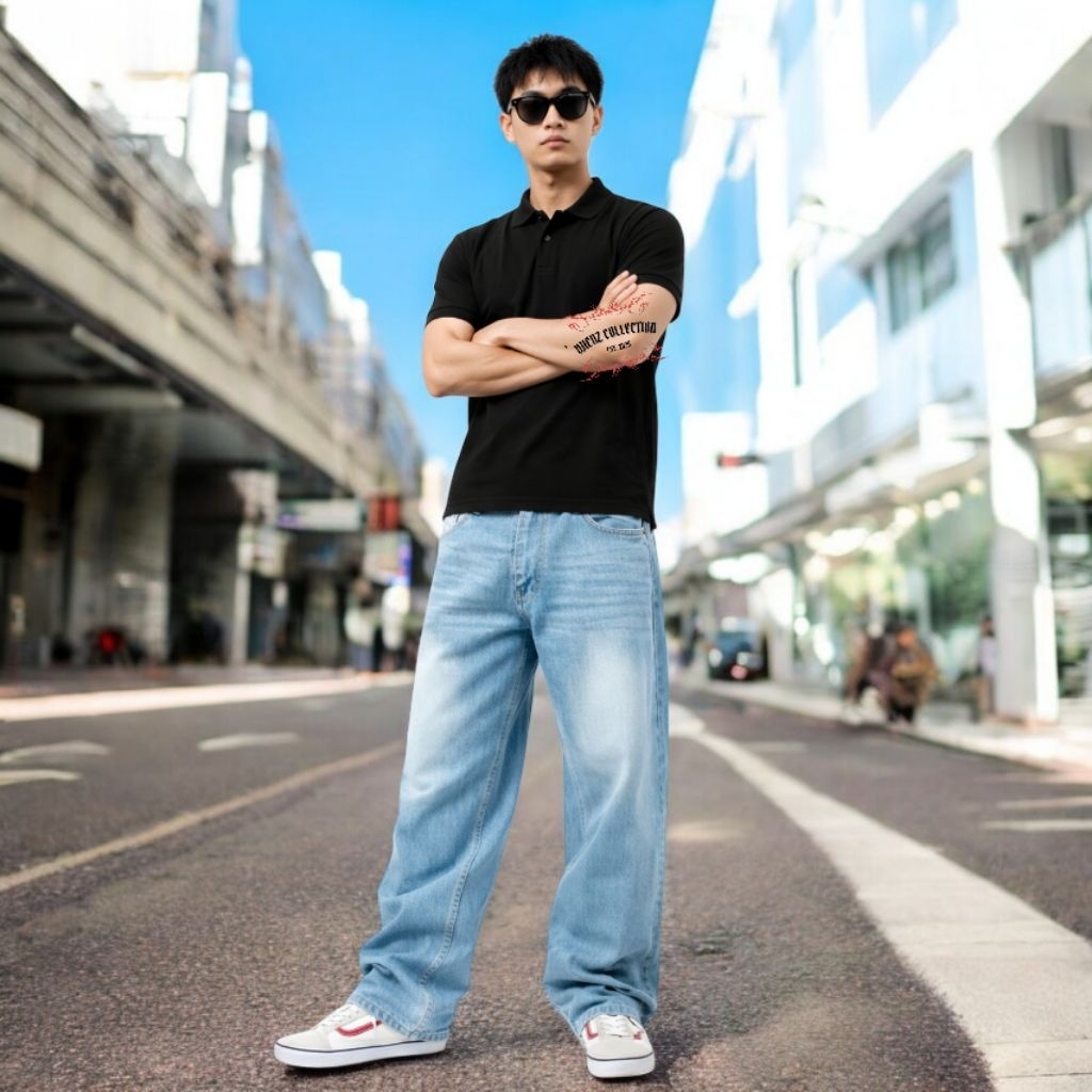 Celana Jeans Pria Washed Gombrong Skena Wide Leg Korean Straight loose fit lebar whisker light blue