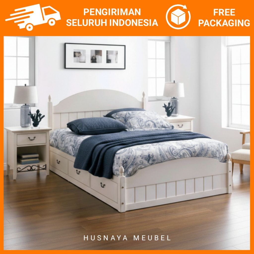 DIPAN LACI MINIMALIS MODERN PUTIH - TEMPAT TIDUR STORAGE MULTIFUNGSI KAYU SOLID - BED FRAME DENGAN L