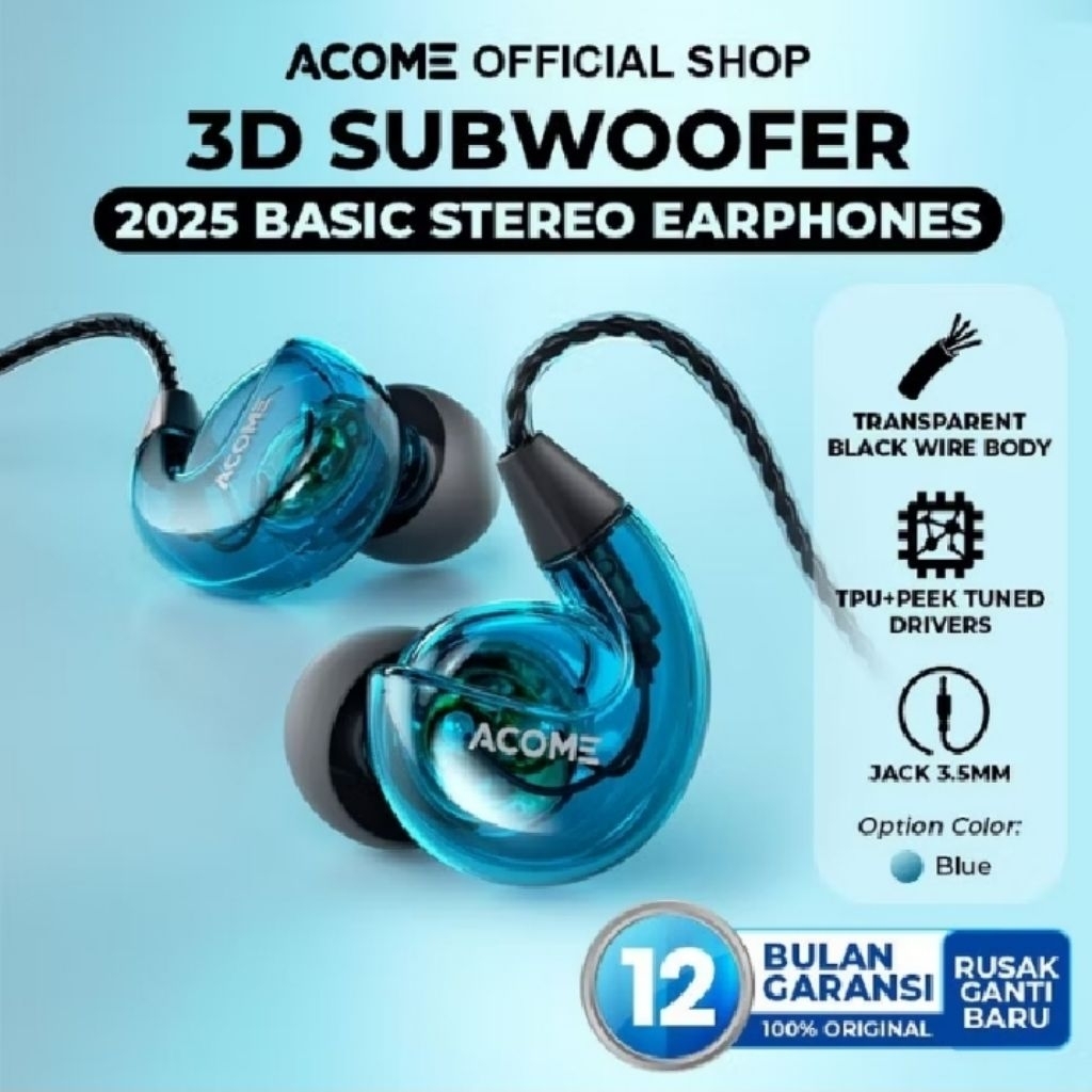 EARPHONE ACOME 3D SUBWOOFER HANDPHONE HEADSET POWRFULL BASS