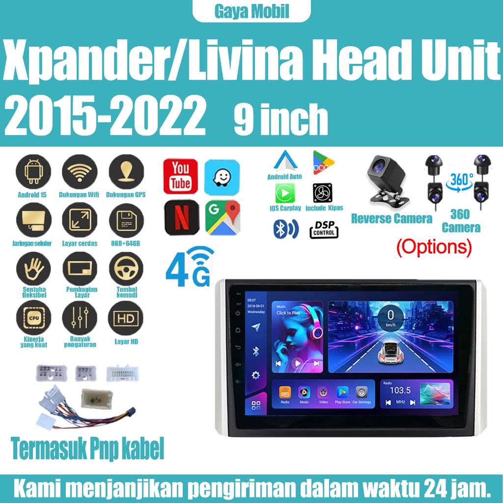 Xpander Livina 2015-2022 Head Unit 8 Chip Nuklir 8+64GB/8+128GB Android 15 9 inch Head Unit Dukungan
