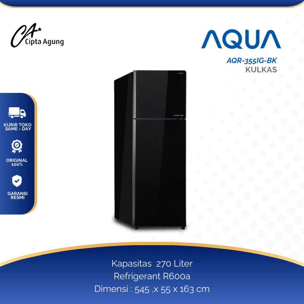 AQUA KULKAS 2 PINTU LEMARI ES  270L 270 LITER AQUA AQR 355IG(BK) AQR-355IG(BK) AQR355IGBK AQR 355 IG
