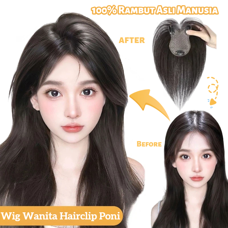100% Rambut Asli Manusia Wig Wanita Di Bagian Atas Kepala Dilengkapi Desain Poni Alami Tanpa Garis B