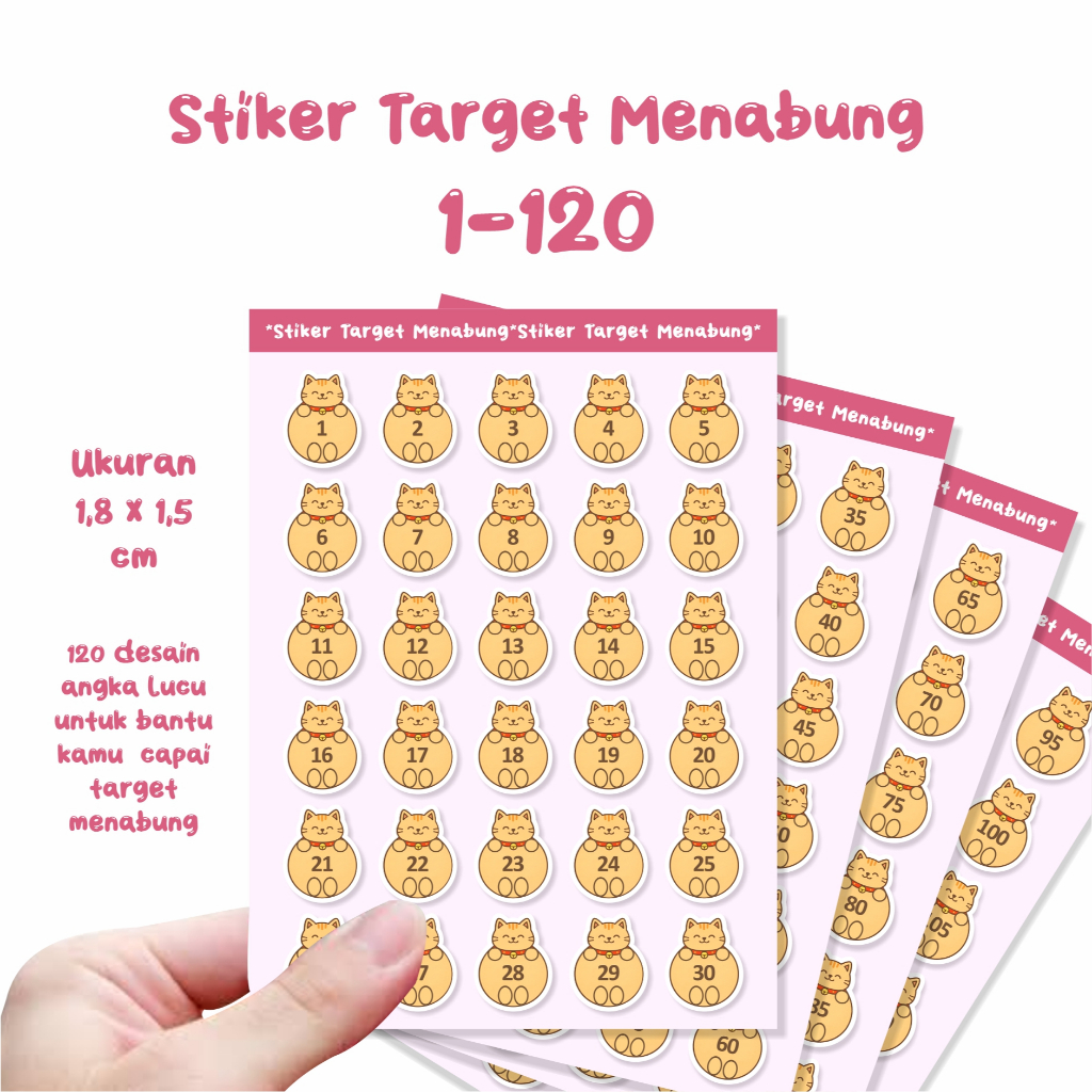 Stiker Target Menabung 1-120 Maneki Neko Kucing Lucu, Stiker Tabungan 120 Hari, Saving Challenge